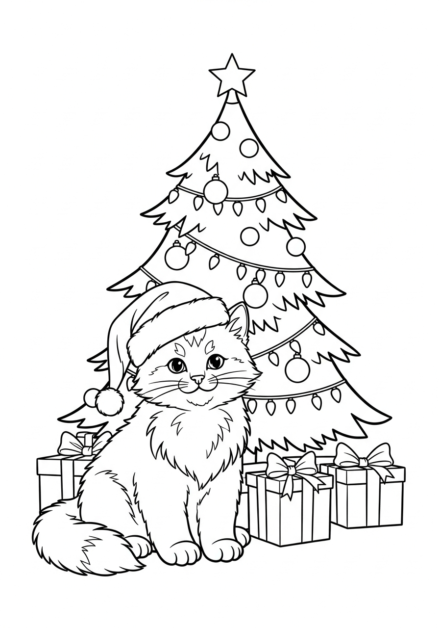 detailed Christmas Cat coloring pages for adults