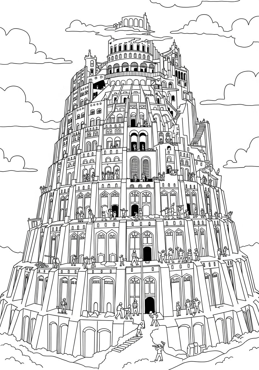 kawaii cute Tower of Babel coloring pages