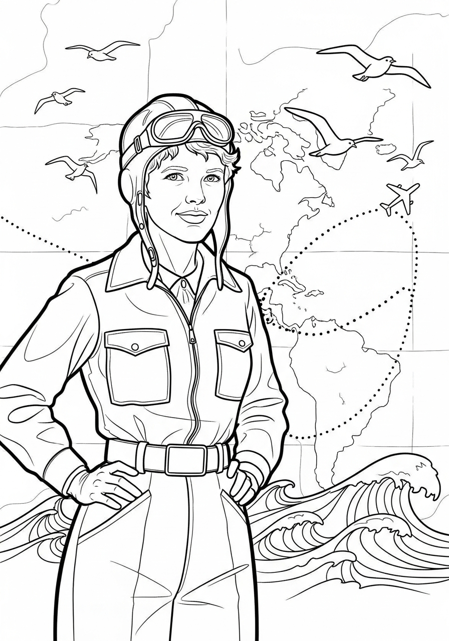 kawaii cute Amelia Earhart coloring pages