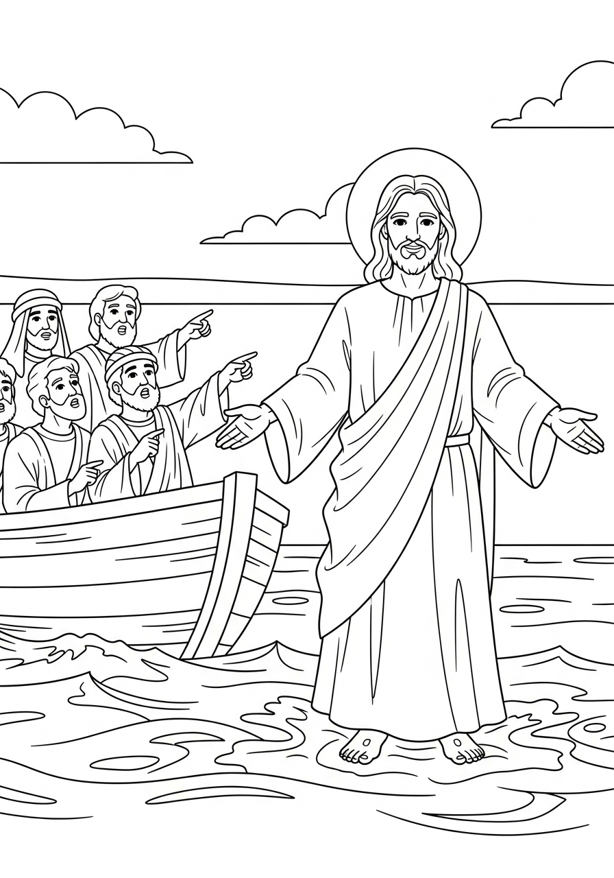 detailed Jesus walking on water coloring pages for adults
