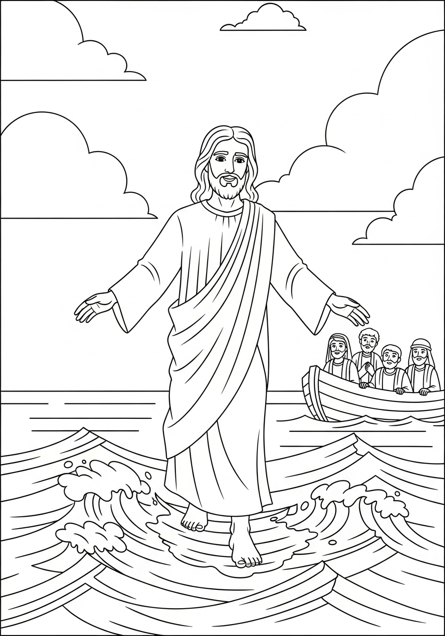 detailed Jesus walking on water coloring pages