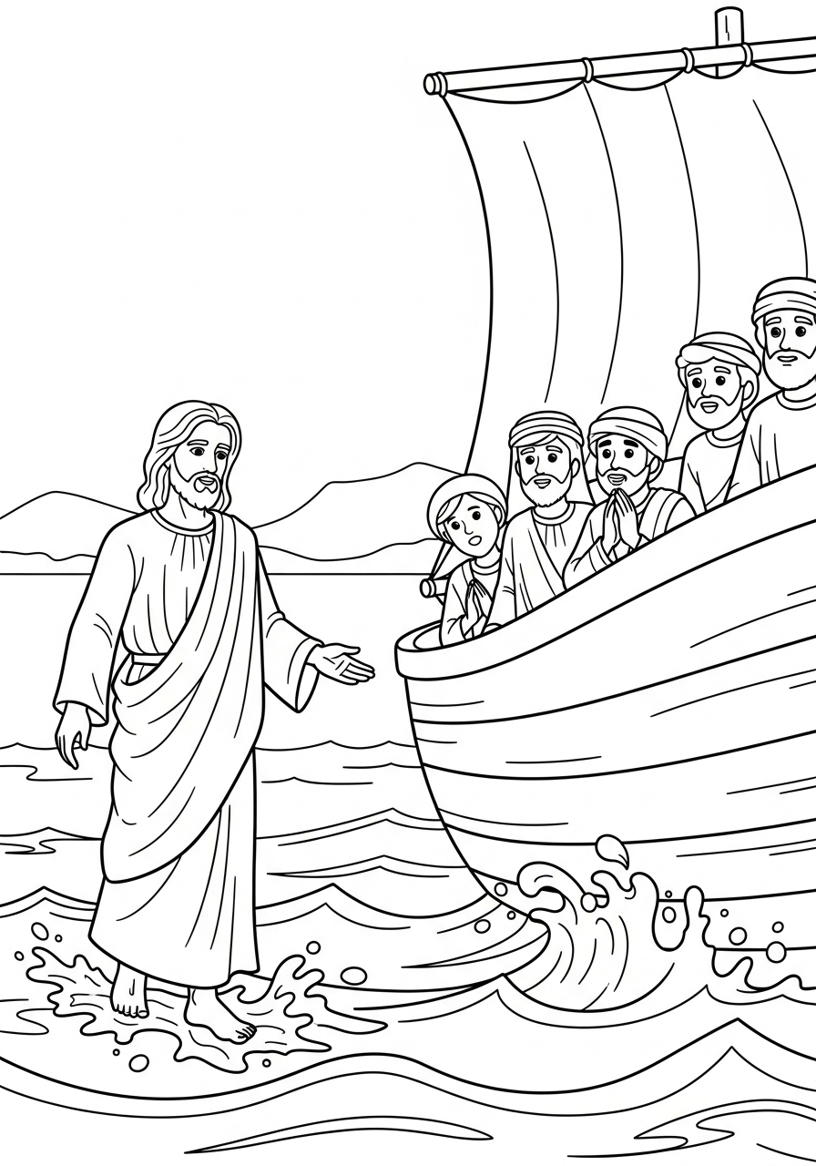 Jesus walking on water coloring pages easy