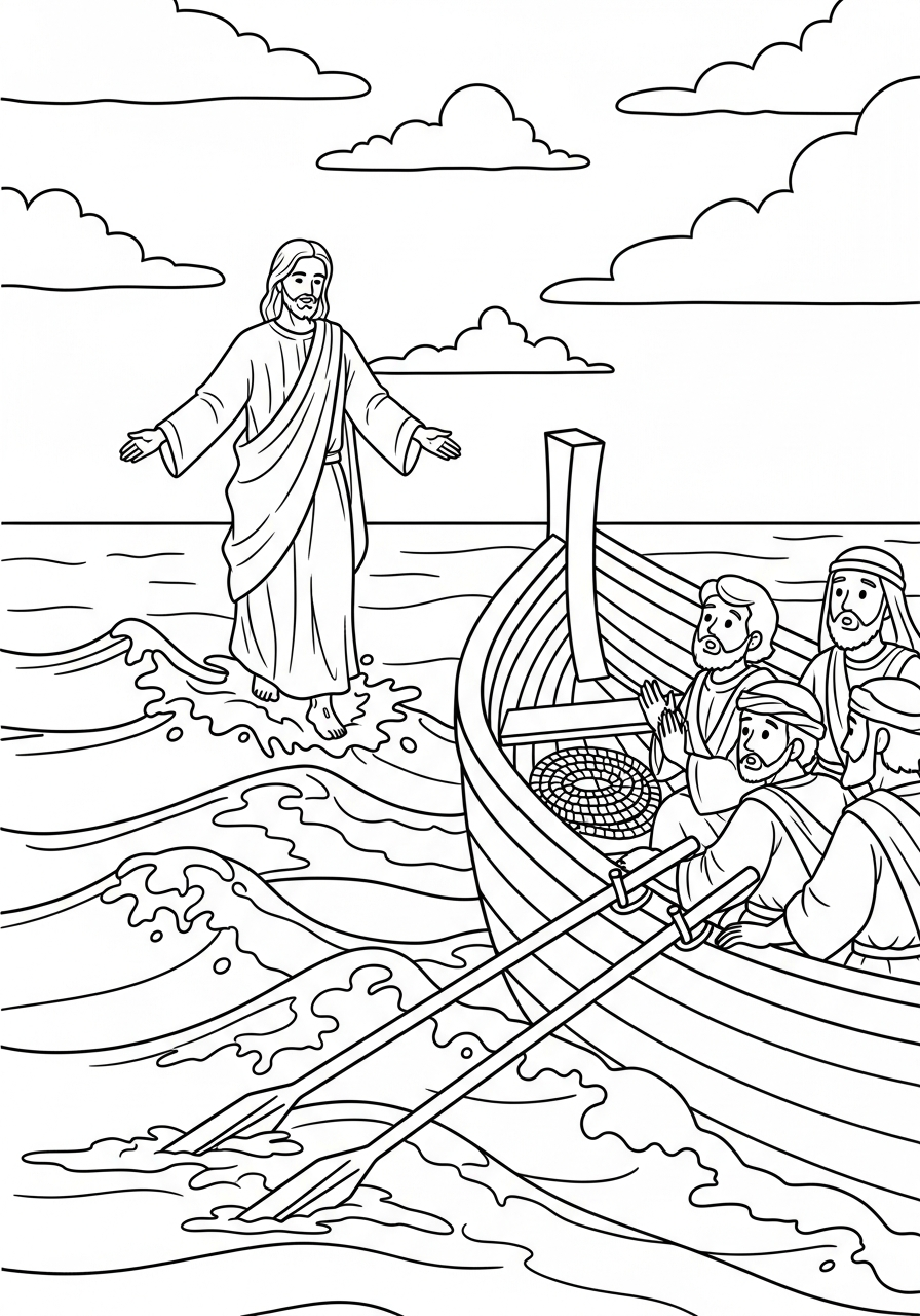 coloring Jesus walking on water pages