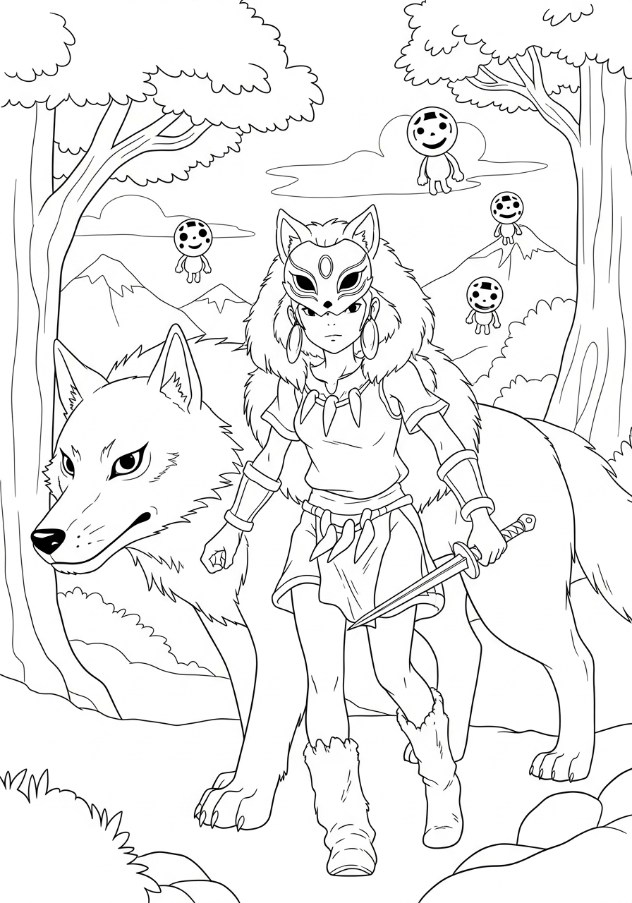 detailed Princess Mononoke coloring pages