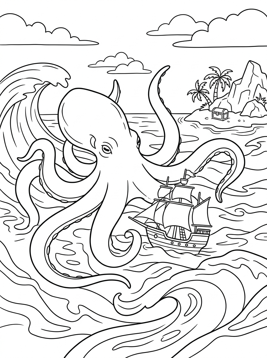 Página para colorir fácil e fofa do Kraken_tesouro_é…_202606021055