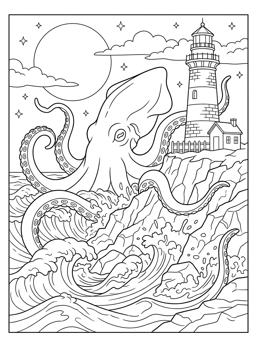 Desenhos para colorir do Kraken emergindo ao lado do farol (202606021047) para adultos.