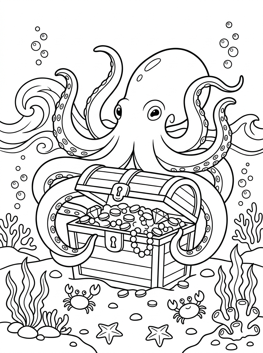 Kraken_guardando_baú_do_tesouro_202606021048 Desenhos para colorir de enfeites