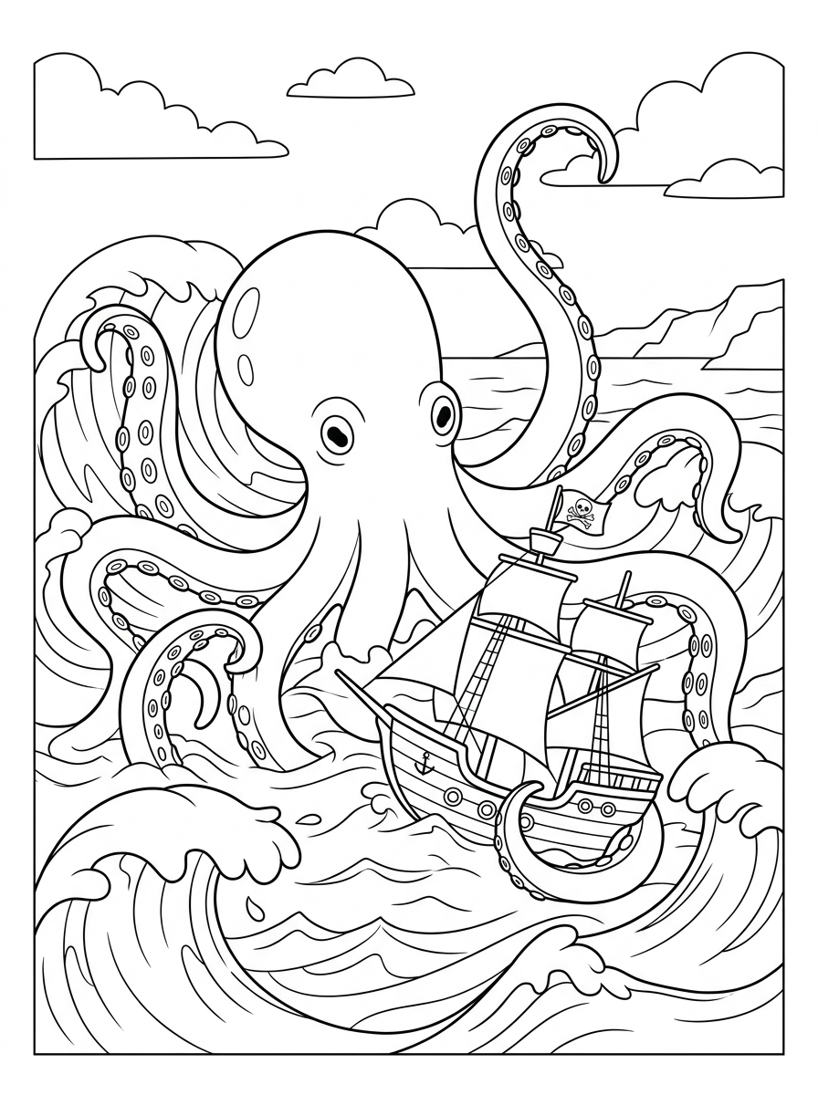 Desenhos para colorir do Kraken emergindo do oceano (202606021046) para adultos.