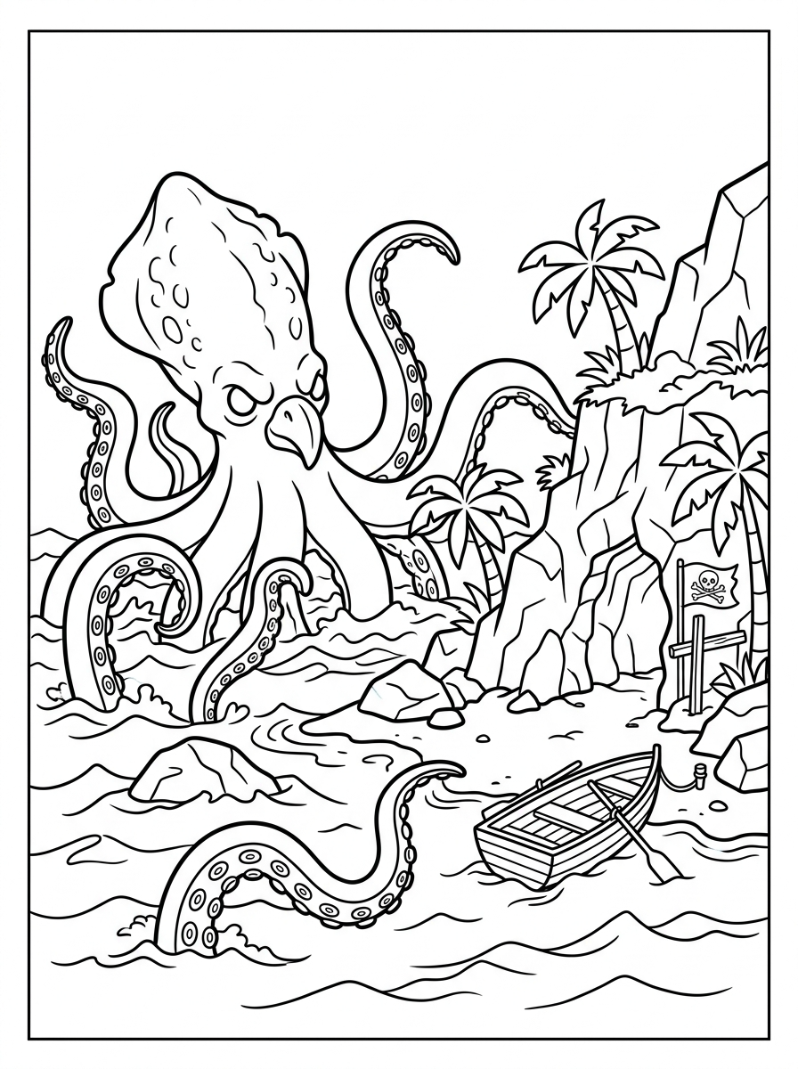 Desenhos para colorir imprimíveis do Kraken emergindo do mar_202606021049