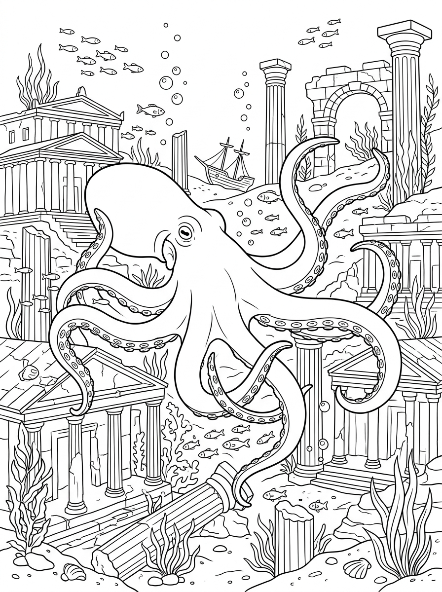 Kraken_nadando_cidade_subaquática_202606021051 Desenhos para colorir imprimíveis