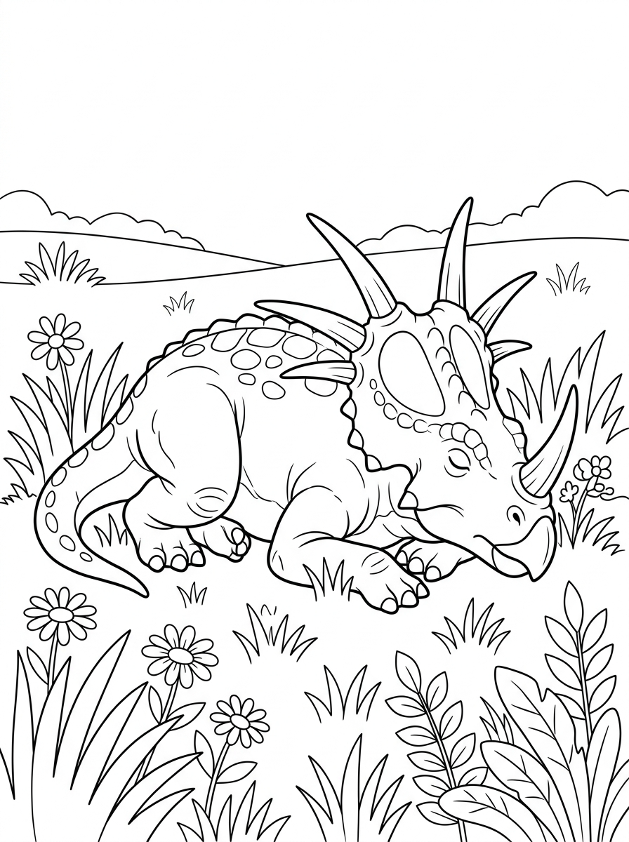 Planșe de colorat cu stiracozaur 7 Planșe de colorat gratuite cu Styracosaurus, imprimabile la dimensiune completă, pentru adulți, în format PDF